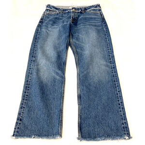 Zara Womens Mid Rise Denim Jeans Size 4 Straight Fringe Raw Hem Medium Washed